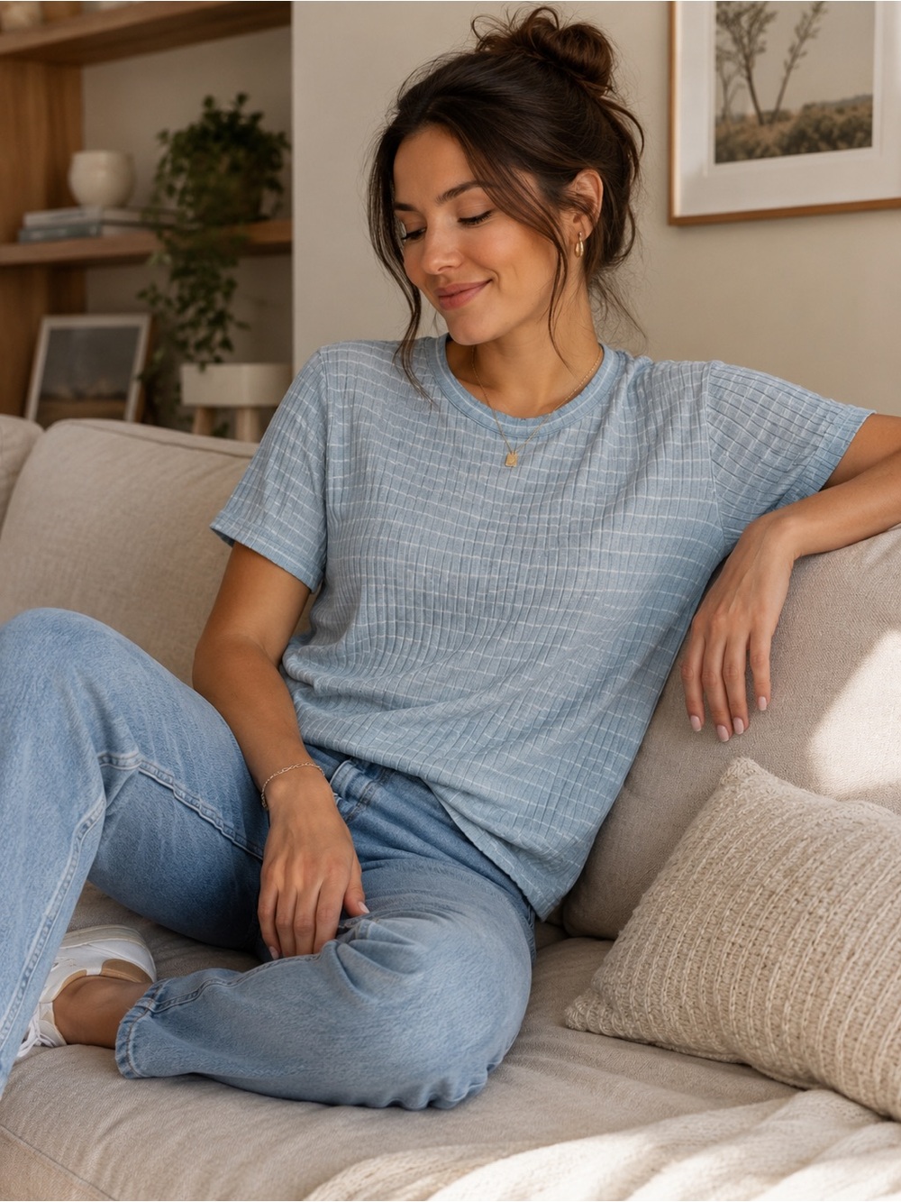 Yogalicious Light Blue Textured Crew Neck Tee